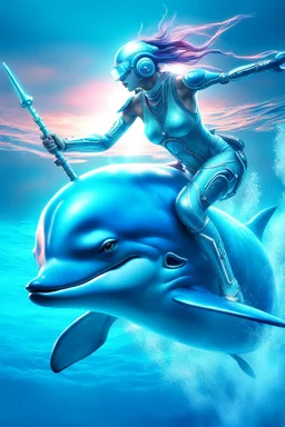 a female cyborg, cyberpunk, underwater, riding a mechanical dolphin, she is a warrior of the sea with a silver trident in hand, her eyes glow with data scrolling in them, beautiful sea life swims around her as she scans for danger, vivid colors, unseen light shimmers, imaginative overlays, artistic fusion, masterpiece, high quality, 8k, photorealistic detail,