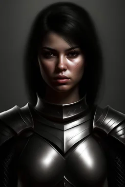 female round faceshape dark hair rugged light leather skimpy armor portrait only head and shoulders