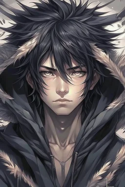 Anime man in hood messy black hair realistic feathers