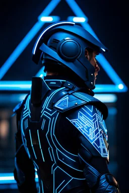 cyberpunk, neon blue, floating triangle of light behind the back, cyber armor, geometric patterns on an armor, male, orbiting triangle