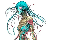 full color front facing full body illustration of a malevolent shape shifting female Funayurei water ghost with highly detailed facial features and skin textures, in the style of Alex Pardee , Jean Giraud Moebius, and Katsushika Hokusai, highly detailed, boldly inked, darkly colored