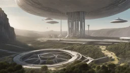 Many spaceliners docked at a huge busy spaceport, with gantries and walkways, setting into the side of a huge cliff, trees, vines and plants, Star Wars, Star Trek