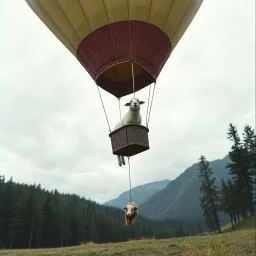 Silent era Art film aesthetic, Long shot Wide angle photograph from perspective of the ground, an excited sheep standing in the basket of a hot air balloon high in air with a scared pig hanging from a rope dangling down from the basket, forest and mountains in the background, cloudy skies, color photo, low contrast, absurd, lots of empty space