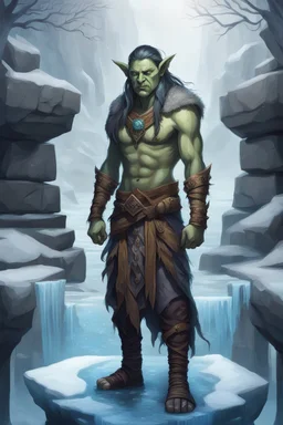 full body portrait of standing psionic ancient half elf half orc shaman thief in inviting pose on ice stone bridge, book cover