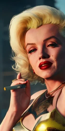 Marilyn Monroe, in full growth, smokes a cigarette, cyberpunk2077, photorealistic, 8k