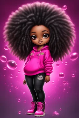 Create an airbrush illustration of a chibi cartoon black female thick curvy wearing a cut of hot pink hoodie and black jeans and timberland boots. Prominent make up with long lashes and hazel eyes. Highly detailed shiny black curly afro hair. Background of a large bubbles all around her 2k