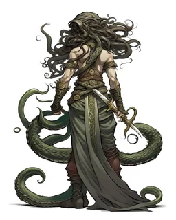 full-length, detailed persona, sword in hand, gorgon medusa, from the back, half-turn, full-length, leans on one leg, snakes on the head instead of hair