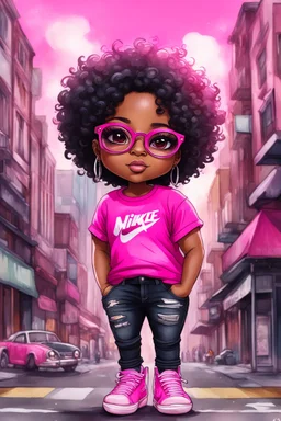 create an watercolor illustration of a chibi cartoon voluptuous black female. Wearing a hot pink t-shirt and tight black jeans with hot pink Nike sneakers. Prominent make up with hazel eyes and she is wearing pink glasses. Extremely Highly detail of a very low platinum shiny black pixie haircut. Background of a busy city street.