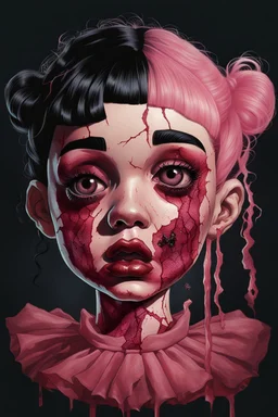 full color, illustration of a darkred and pink tones, menacing, Singer Melanie Martinez face, as a decayed, broken, skin turned translucent, black veins that extended like roots beneath her skin, latex suit, crude homemade cloth doll toy, with a narrow cracked porcelain face, thick dark eyebrows, hair in two gradually, made from ragged strips of cloth, in the style of Alex Pardee, Tim Burton, and Nadya Sheremet