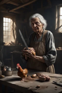 "A an old paints cracked dirty abandoned barn an old woman holding a chicken from the neck in one hand and holding a knife on the other hand on the table , , insanely detailed octane render trending on artstation, 8k artistic photography, photorealistic concept art, soft natural volumetric cinematic perfect light, chiaroscuro, award-winning photograph, masterpiece, oil on canvas, Raphael, Caravaggio, Greg Rutkowski, people, beksinski, Giger