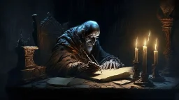 oldest death character, on old desk, writing on old book, on oldest throne on stone, candles, dirthy atmosphere, background darkness