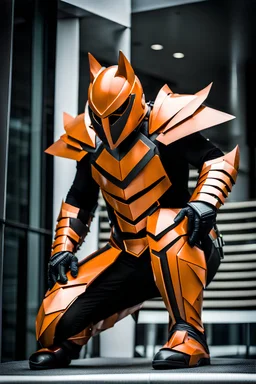 Catman in futuristic orange armor, photograph