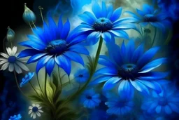 composition of daisies and bright blue cornflowers made of mastic, aesthetically pleasing, ultra-transparent structures of shining smoke, full-length airy-floral- fabulous-fantasy drawing of details, color illustration of a real photo, high resolution, high detail