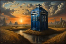 Tardis - Resembling the Flying Dutchman at sunset of the ark by mike axelso, oil on canvas, in the style of hyperrealistic environments, dutch genre scenes, grisaille, fantastical ruins, nostalgic rural life depictions, venetian scenes, barroco, cloudpunk, steampunk roads and orchards and trees and fields and mountains and medieval cities, the city is crossed by a big river that a big medieval stone bridge, large walls surround the city, flawless form of existence