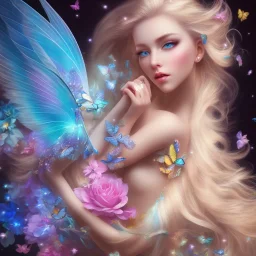 bright fairy, beautiful portrait, blond hair,blue eyes, flowery luminous pastel colors, butterfly