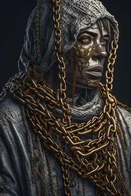 nightmares paint style Title: "a woman wearing a cloths made out from metal chains , insanely detailed octane render trending on artstation,white background , 8k artistic photography, photorealistic concept art, soft natural volumetric cinematic perfect light, chiaroscuro, award-winning photograph, masterpiece, oil on canvas, Raphael, Caravaggio, Greg Rutkowski, people, beksinski, Giger