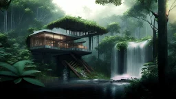 modern house by a big water falls in a karstic rain forest