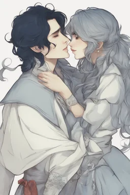 A couple from the dnd game curse of Strahd kissing. She has white hair he has long black hair. Romantic, sweet, loving, possessive, protective, kiss