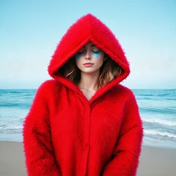 Lily rosedepp avec un long pull a capuche en angora rouge jusquaux, polaroid, elle a les yeux fermés et les joues bleues, , des grains de beauté, sur la plage, autochrome