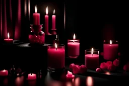 generate me an aesthetic complete image of pink perfume in dark room with candles
