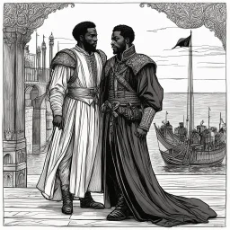 The Tragedy of Othello, the Moor of Venice, is a tragedy written by William Shakespeare. Set in Venice and Cyprus, the play depicts the Moorish military commander Othello as he is manipulated by his ensign, Iago, into suspecting his wife Desdemona of infidelity Record of Lodoss War style, Linework: Expressive, expressive black ink line art with variable stroke weights. Crisp contours define silhouettes while fine hatching adds subtle depth and form.
