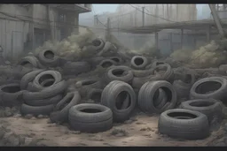 Pile of tires, metal pipes, junk, overgrown, post-apocalyptic, comic book,