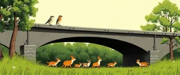 Show several tiny wildlife animals comfortably passing underneath the elevated structure, with birds perched on top and watching the commotion with curiosity. The environment is green countryside with trees and grass. Visual style: beautifully illustrated 1960s–1970s industrial safety manual mixed with optimistic retro-futurism, clean graphic composition, slightly absurd British public-information-film humor, detailed hand-drawn illustration, muted vintage printing texture, charming mechanical