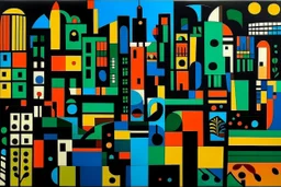 A city with dark circles painted by Stuart Davis