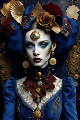 deep rich colors,magical lighting,surreal fantasy amazingly beautiful absolutely stunning fantasy fashion portrait,velvet,corduroy,denim,suede,leather,chambray,gingham;fabric collage,stamping,alcohol ink,subtle gold sparkling,findings,paint;by artist Tim Holtz,decoupage,by photographer Edward Steichen,jewellery wire,ribbon,lace;fabric background,by artist Joseph Cornell,hyperdetailed;crisp line,ultra hd,realistic,vivid colors