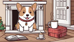 cute cartoon welsh corgi relaxing in front of the fireplace at Christmas with a ((mug of hot cocoa))- cartoon - pusheen style - hello kitty style