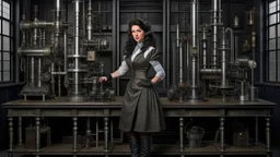 woman with dark wavy hair, with detailed metallic legs and arms, dressed like a Victorian, in a laboratory full of small machines
