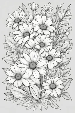 bunch of flowers and leves like in a colouring book, outlines only, simple