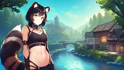 Girl, open navel, black hair, orange eyes, forest, river, house by river, collar on neck, raccoon ears, raccoon tail.