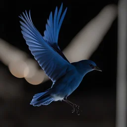 blue bird flying at night. light. photographic.