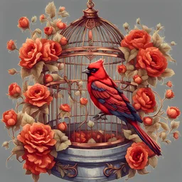drawing of an old gothic dark red cage with a bird with flowers, lace and rubies, Trending on Artstation, {creative commons}, fanart, AIart, {Woolitize}, by Charlie Bowater, Illustration, Color Grading, Filmic, Nikon D750, Brenizer Method, Side-View, Perspective, Depth of Field, Field of View, F/2.8, Lens Flare, Tonal Colors, 8K, Full-HD, ProPhoto RGB, Perfectionism, Rim Li