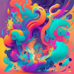 Create a vibrant and energetic illustration representing the initial stage of enjoyment and experimentation with hash. Command: Use bold and dynamic shapes and colors to convey energy and excitement. Elements: Joyful figures, swirling shapes, abstract patterns, smoke-like forms.