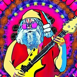 hippie Santa playing electric guitar, psychedelic, peace sign, MUSHROOMS, TRIPPY, ACID, LSD, dreadlocks