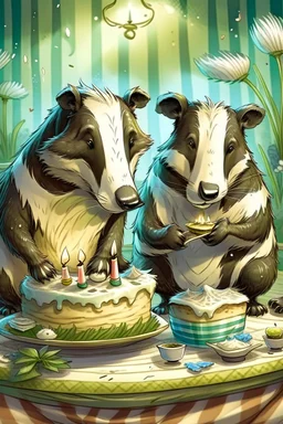 (fairy tale badger adult and little badger junior, animal by Monge)) an insanely beautiful smiling badger, extremely fine detailed fluffy fur, shining smiling eyes very well shabby chick dressed is baking a birthday cake with many light candles together with the smiling little badger, fine detailed fluffy fur, shining eyes shabby chick dressed in his kitchen with many pots: Background kitchen as in a cave, anatomically correct, flawless, full body shot, complete figure, by Monge, by Potter, by D
