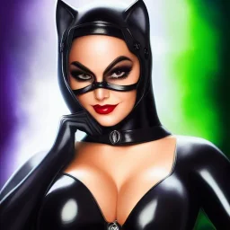 ultra detailed fullbody portrait of beautiful busty Catwoman, wearing skintight black costume, extremely detailed digital painting, intrincate, extremely detailed smiling face,crystal clear Big Green eyes, in the style of adam hughes , mystical colors , perfectly centered image, perfect composition, rim light, beautiful lighting,8k, stunning scene, raytracing