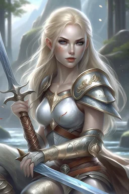 pretty woman, warrior, elf, blonde hair, fantasy, Skyrim, conventionally attractive, fighter, sword, elder scrolls, young, maternal,