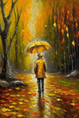 Rain falls and turns everything in front of him into gold Oil painting