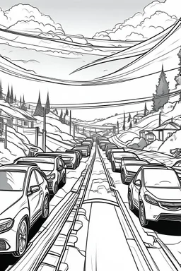 Outline art, no shading, cars on the road, cartoon style, black and white, low detail, --ar 9:11