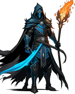 A commander with a matte black combat helmet and eyes with bright blue flaming pupils, a black cape and a long coat with long combat boots and a long, sharp and fiery spear and with his helmet under his cape and two blue flames instead of eyes