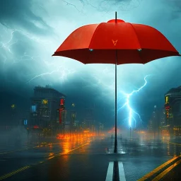 A giant umbrella. Big Open umbrella. open on a city street. Umbrella Fire. stormy day. lightning and storm clouds. Horizon. Dark sky, cascade, rain. Elegant. Extremely detailed. Award winning photography. Fantasy. 8k. Cinematic lighting. Photorealistic. Dynamic lighting. Imperial colors. Crisp quality. Unreal Engine. Colourful cinematic postprocessing.. VRay.