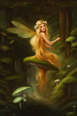 Fairy Princess, long blonde hair,long golden hair, Fairy crown ,fairy, fairy wings, flower crown,mushroom,sparkle,,Lilly of the valleys