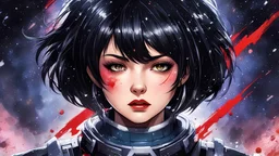 90s old school anime illustration, sci fi, portrait of a tough female space Captain girl, beautiful symmetrical face, Androgynous, pixie style haircut, sparkling or glittering black hair, pixie cut, blood splattered on her scared, rattled and shook face, space uniform is tattered and ripped with dripping blood, as if she just escaped torture, depraved art, junji ito style, pulp science fiction aesthetic, rotoscoping, violent background and undertone, space battle, feminist art, japanese horror