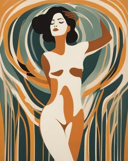 Esboço linear do corpo de uma mulher, with her arms are outstretched line fluid abstract, art style by Coco Vandi, retro minimal, trendy art, art style by Eckhart Tolle and Fabio Hurtado