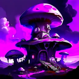 A fantabulous black, magenta and purple (((mushroom tower house))) erected atop a (geologic pillar), surrounded by the uncanny imaginative ((( swirling skies))), offset by the stark hues of a (neon-tinged nebulous space scape), within. captured by the hand a skilled master painter with a focus on (softly blurred compositions and voluminous lighting).