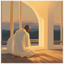 A single figure kneels in prayer, bathed in a warm, golden light spilling through a window. The figure's features are obscured, focusing on the posture of surrender and a subtle glow around the heart area.