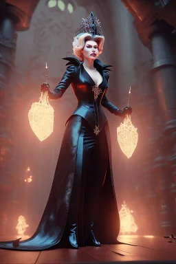 Hannah Waddingham as evil queen in black leather gown, busty, cleavage, voluptous, rebecca Welton, angry, stern look. character design by cory loftis, fenghua zhong, ryohei hase, ismail inceoglu and ruan jia. unreal engine 5, artistic lighting, highly detailed, photorealistic, fantasy